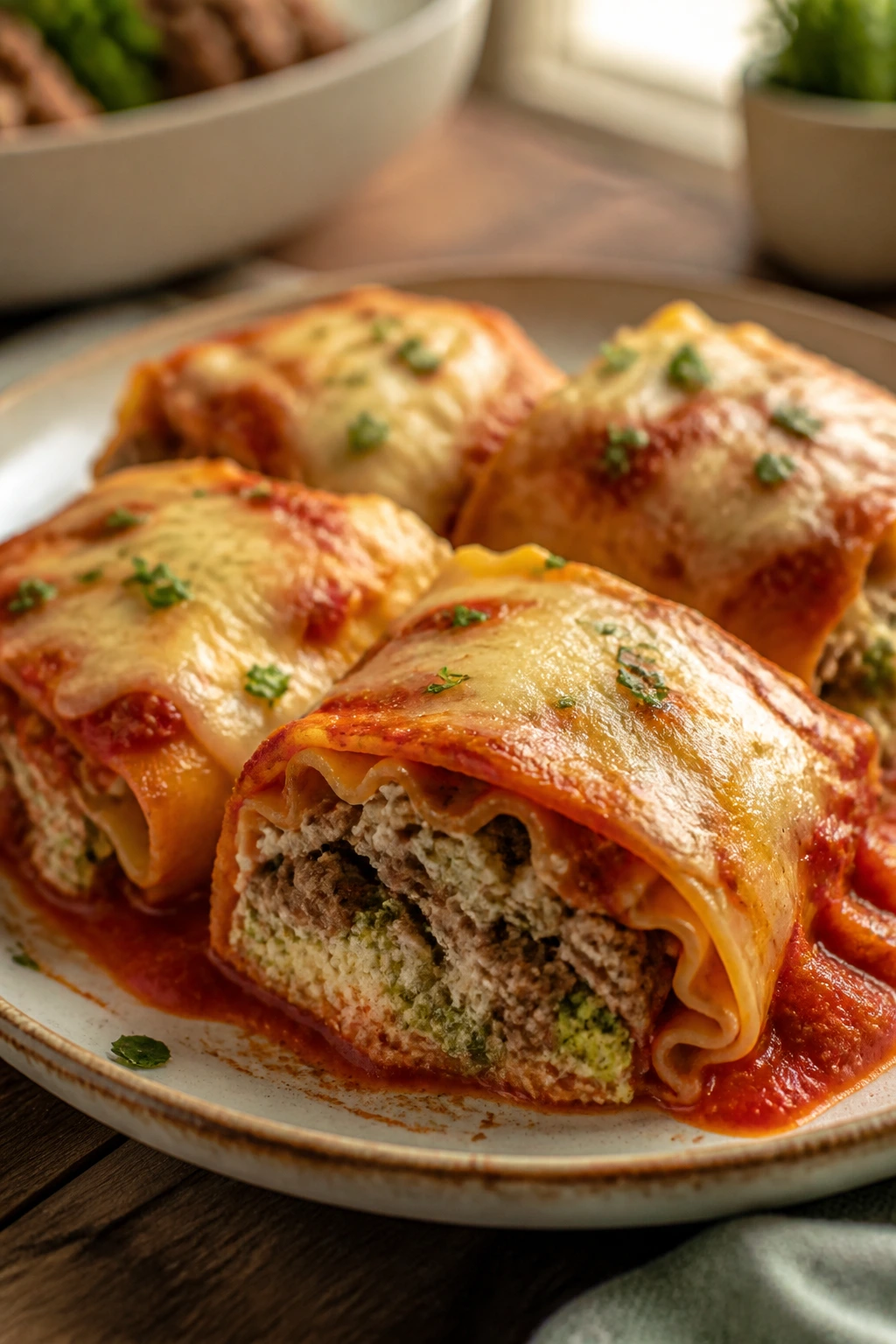 Close up of broccoli beef lasagna roll-ups on a rustic plate