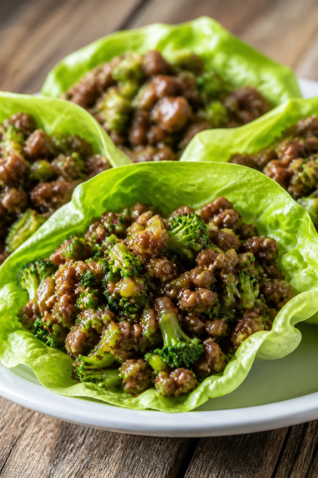 Close-up of butter lettuce wraps with beef and broccoli filling