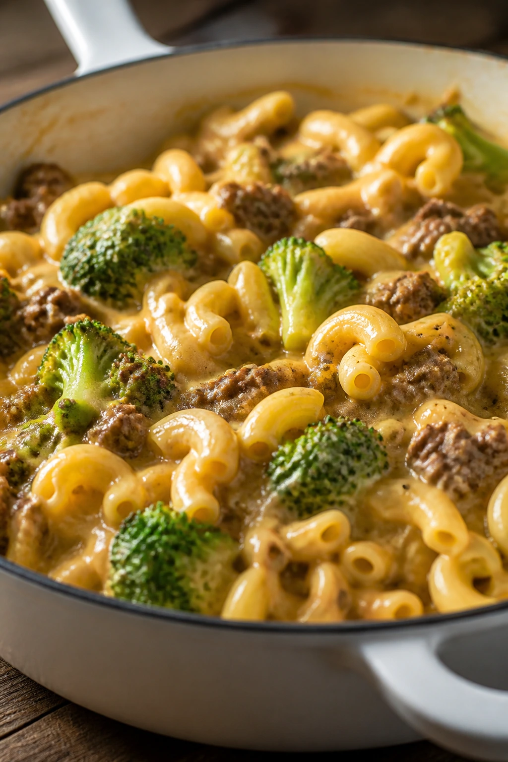 Creamy broccoli beef mac and cheese close-up in a saucepan