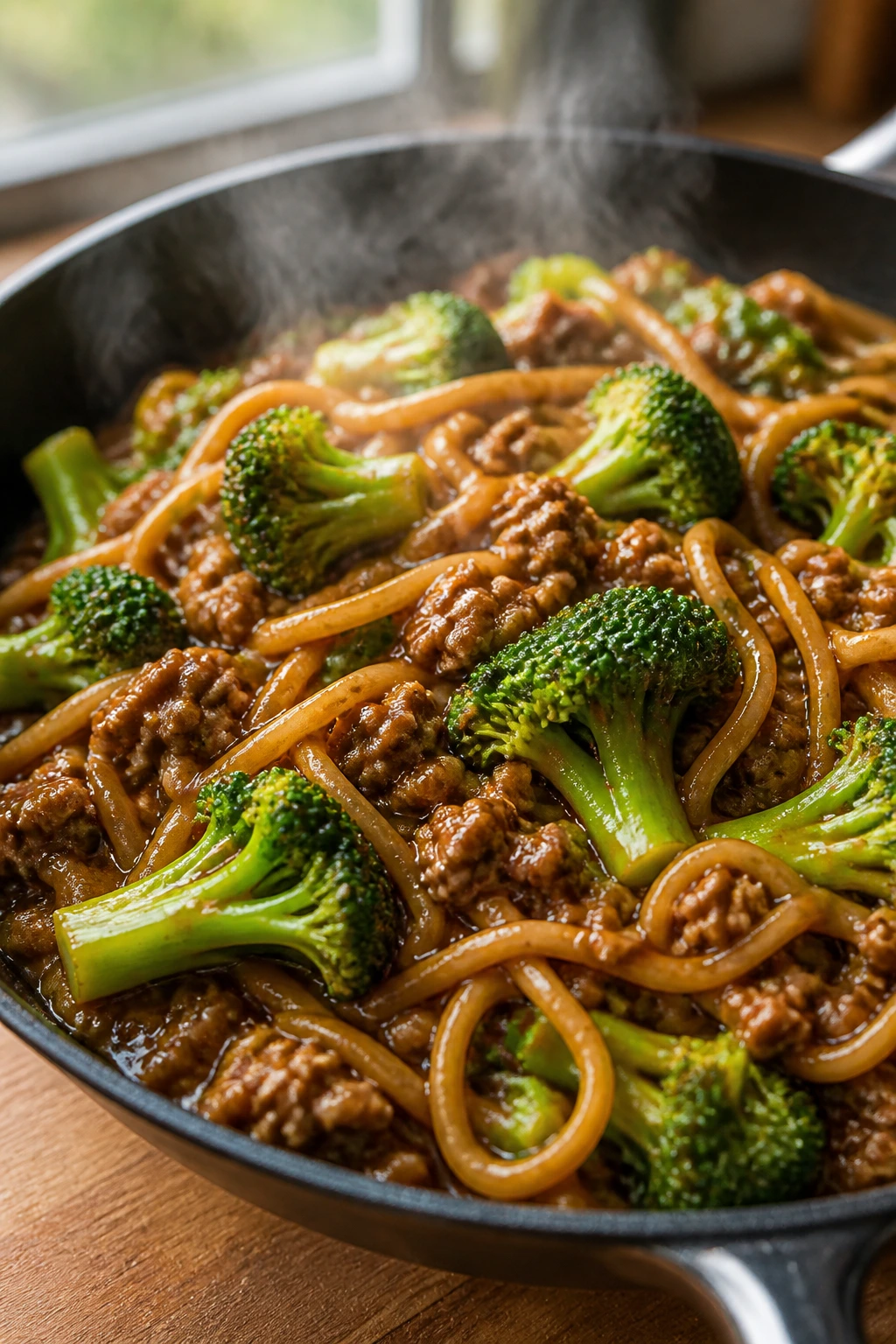 Close-up of One-Pan Broccoli Beef Noodles in a skillet with broccoli and beef