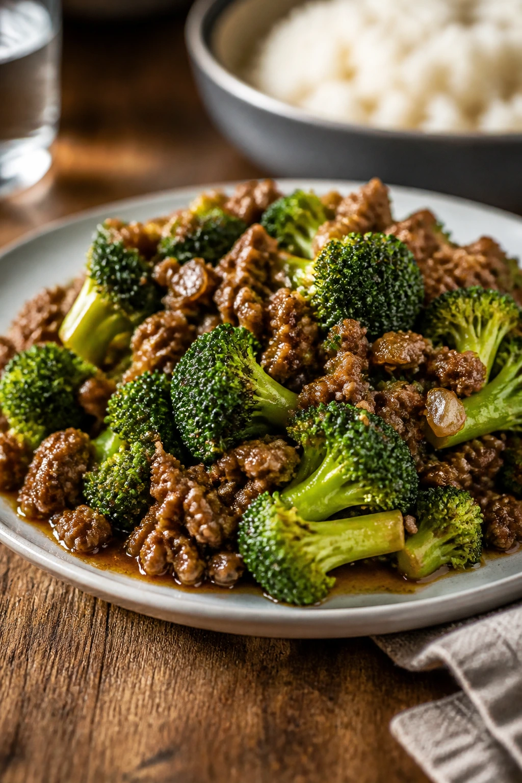 Plated broccoli and beef dish with glossy sauce.