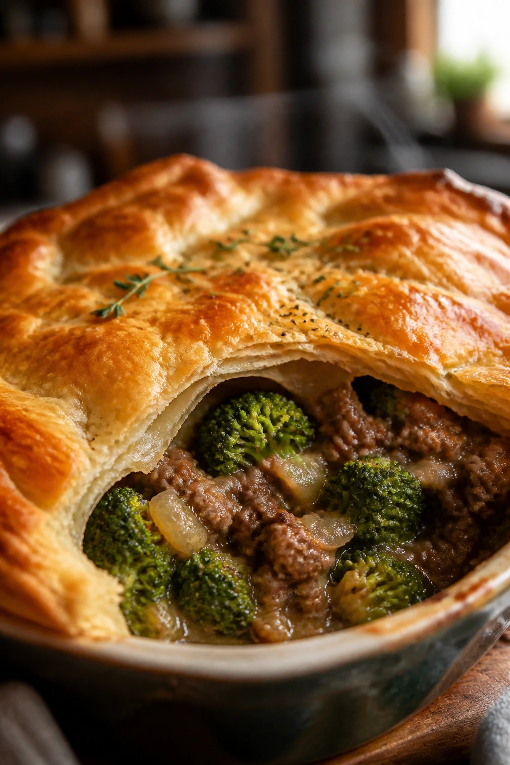 Pot pie with broccoli and beef under a flaky crust