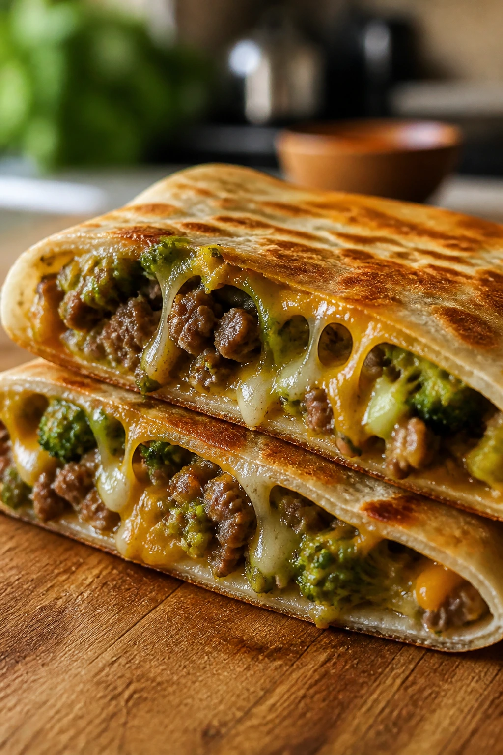 Quesadilla with broccoli and melted cheese on a wooden board