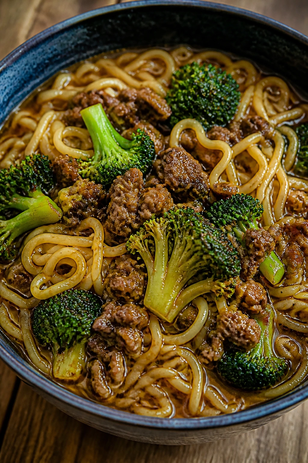 Ramen bowl with beef and broccoli in broth