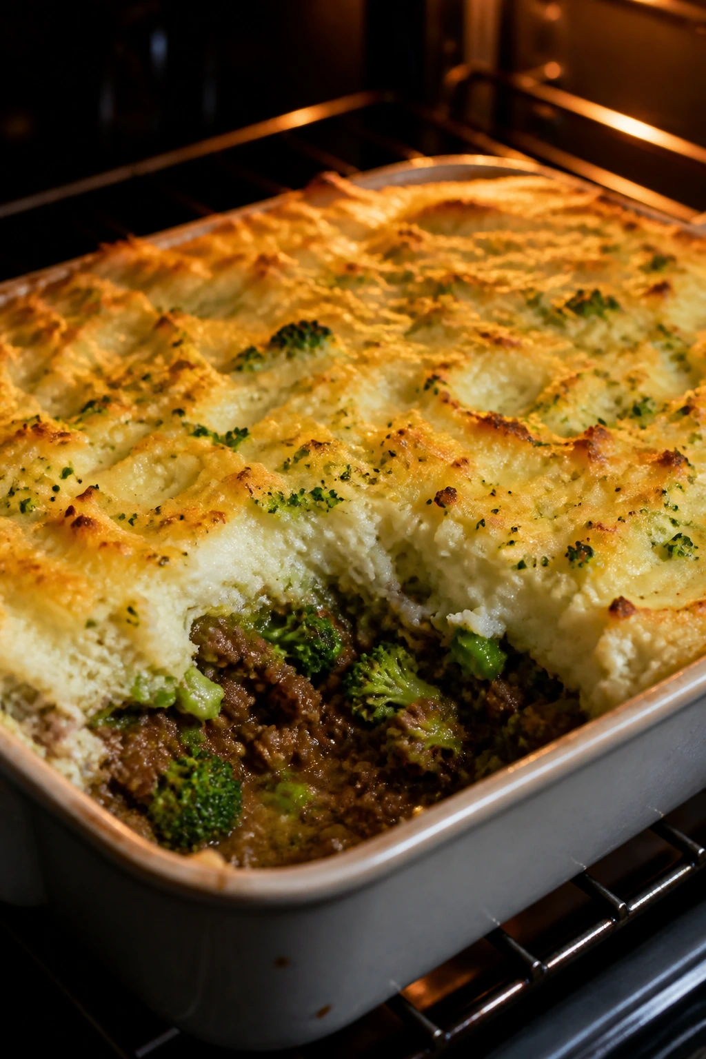 Shepherd's pie with broccoli in a square baking dish
