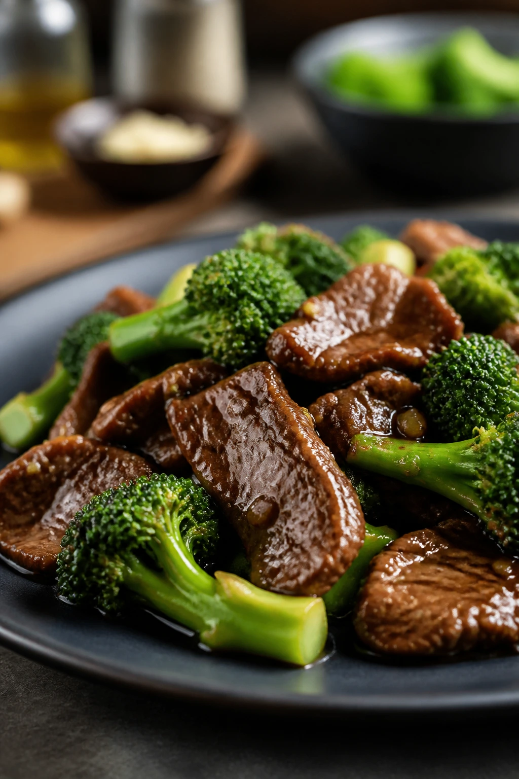 Beef and broccoli close-up with glossy sauce and vivid broccoli