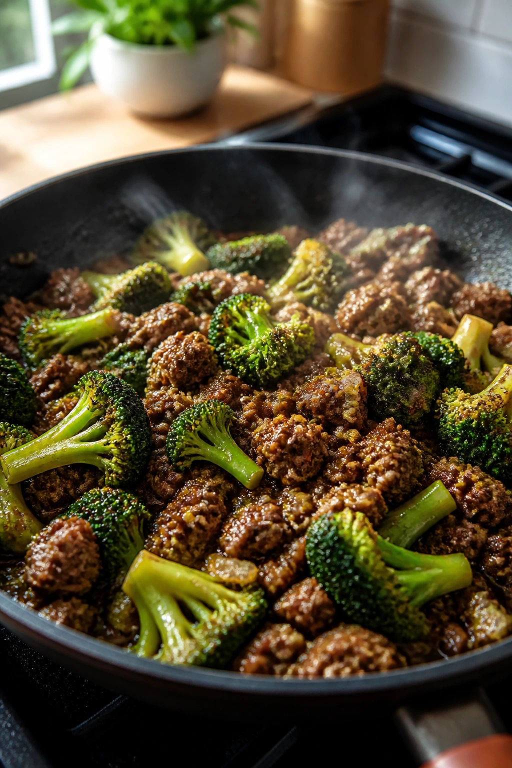 Sizzling broccoli and ground beef in a skillet with steam.