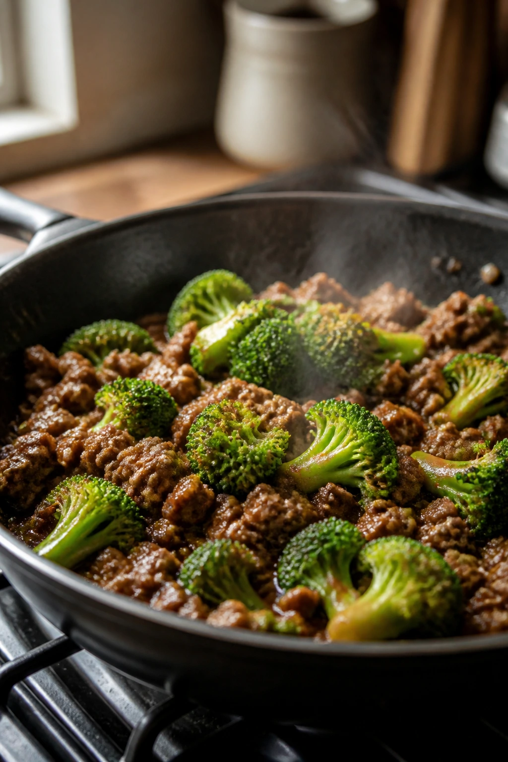 Close-up of browned ground beef with broccoli in glossy sauce on a stovetop