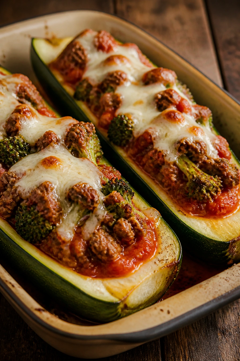 Zucchini boats stuffed with broccoli beef and cheese