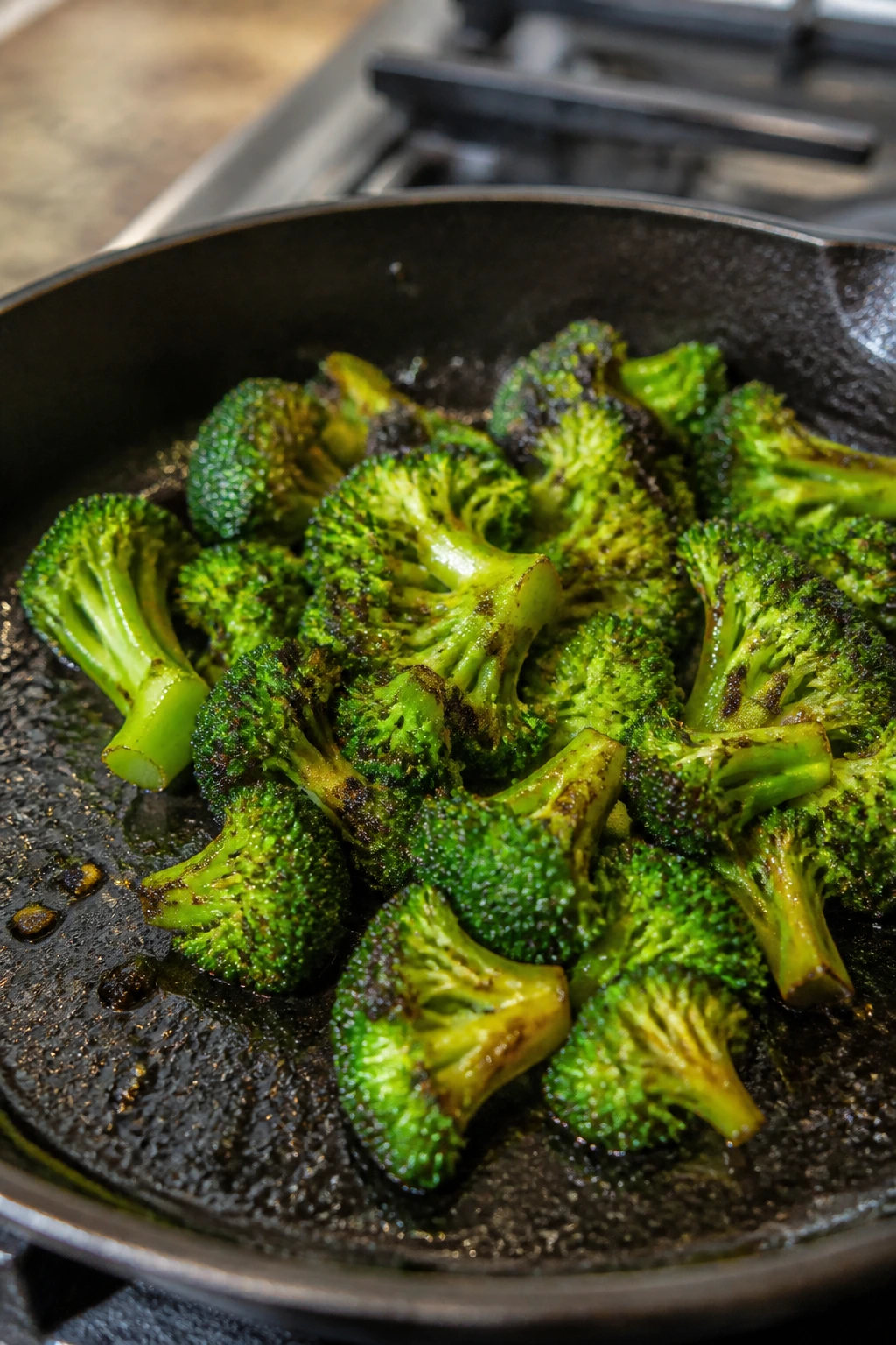 Close-up of blistered broccoli in a hot skillet
