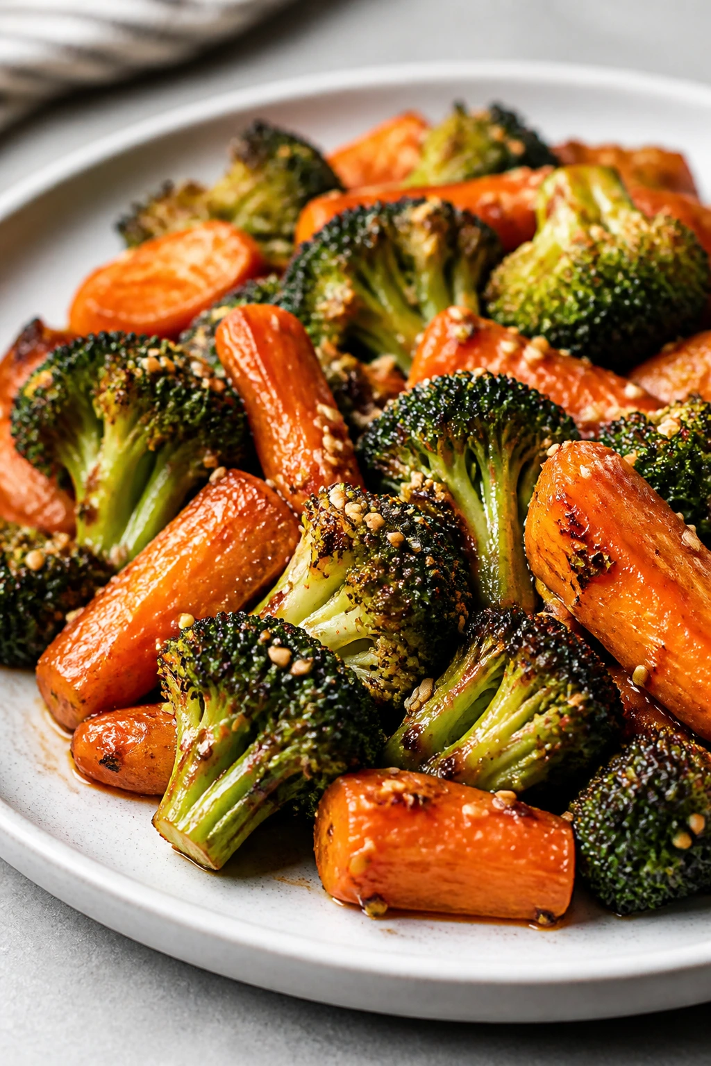 Sesame-roasted broccoli and carrots with sesame seeds on a plate