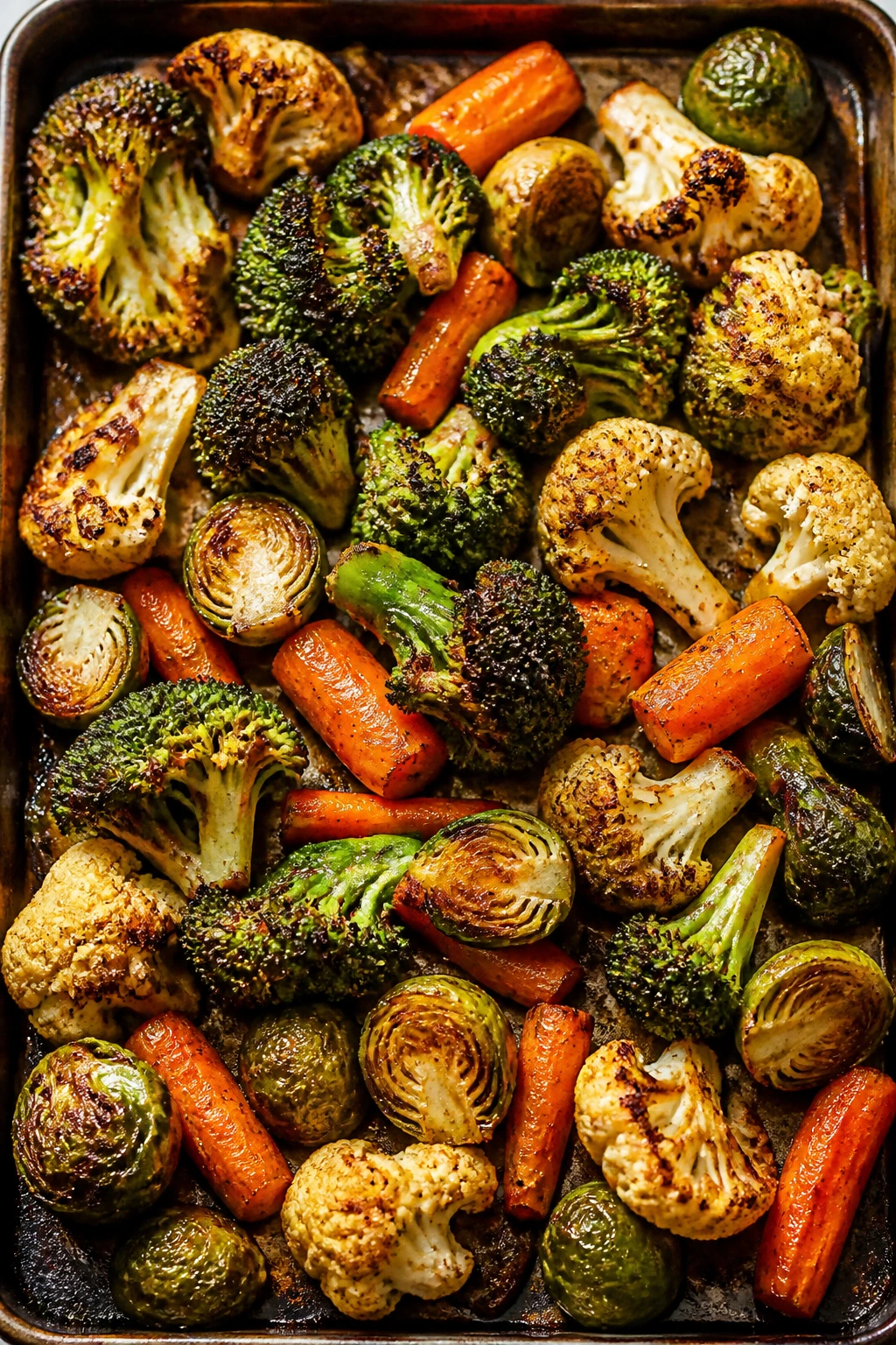 Tray of browned broccoli, cauliflower, Brussels sprouts, and carrots