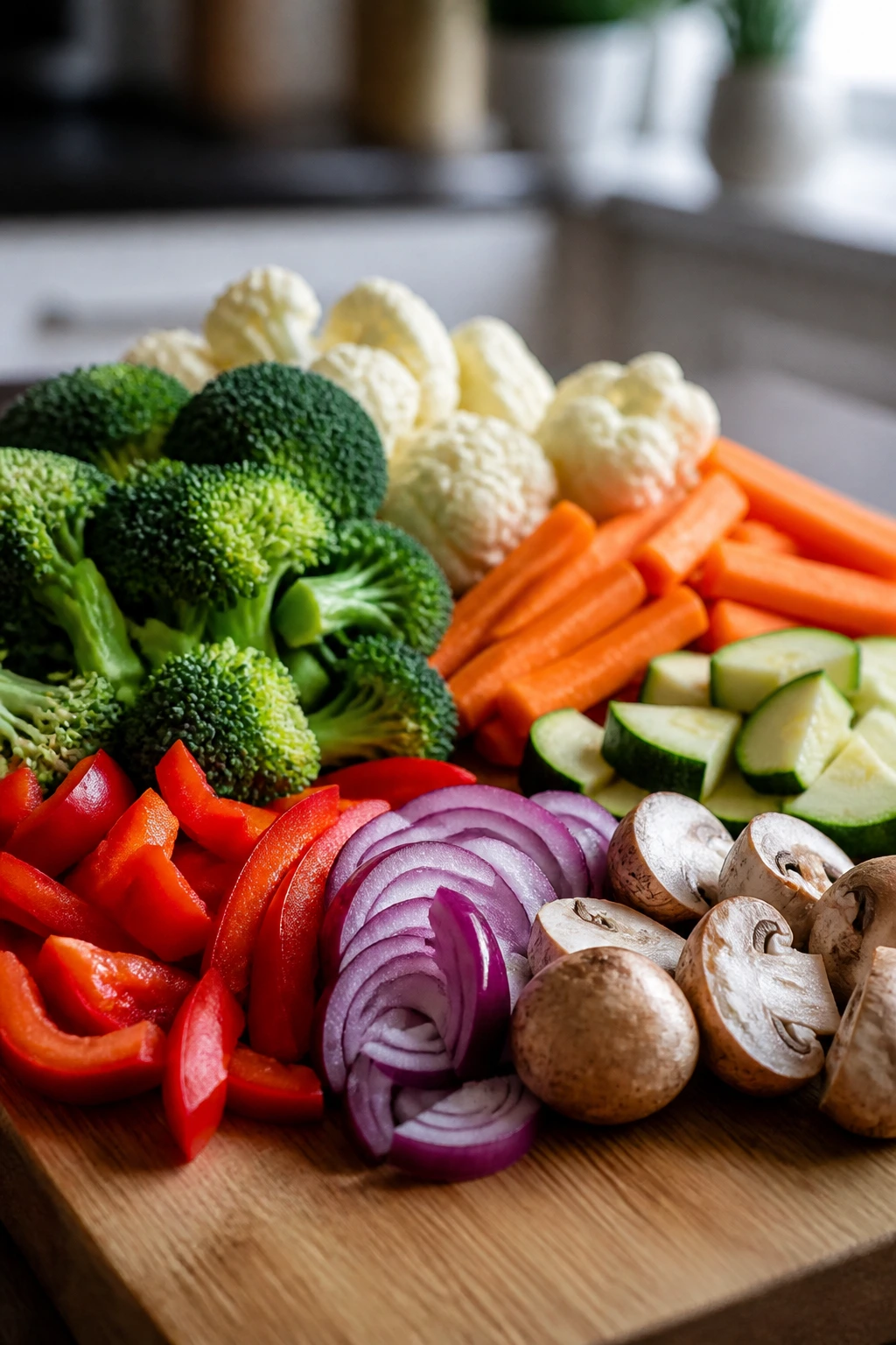 Raw vegetables arranged on cutting board ready for roasting