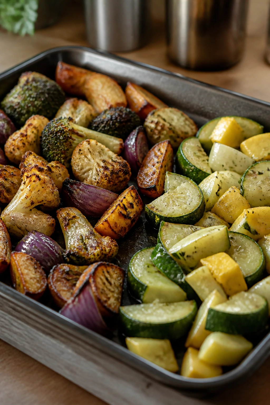 Two groups of vegetables showing different browning levels on a tray
