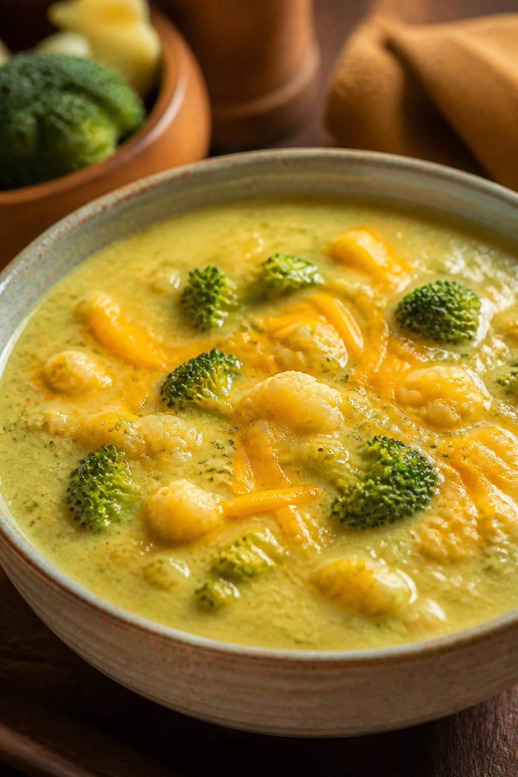 Broccoli cauli cheddar soup with broccoli pieces and cheddar in a bowl