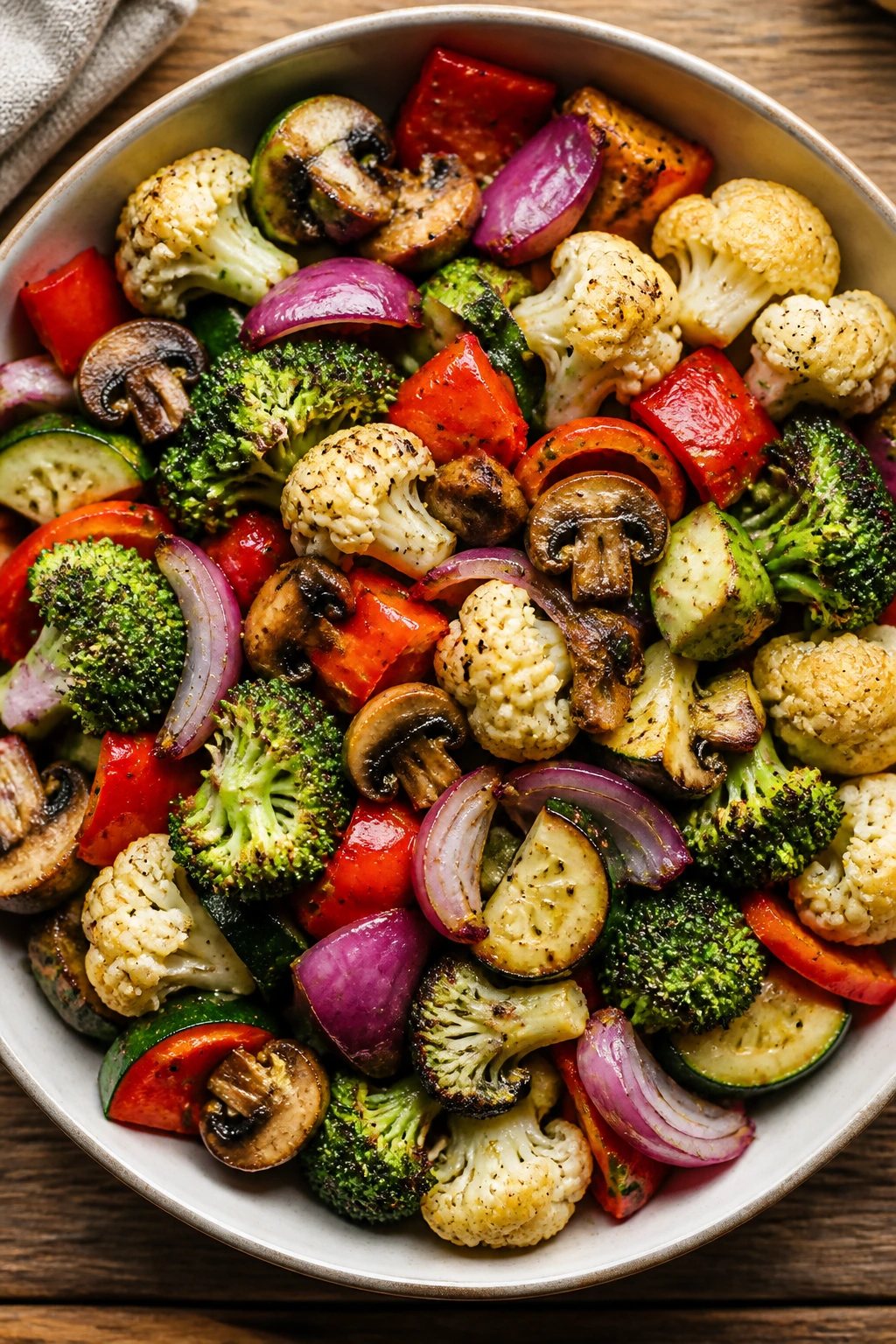 Colorful vegetable medley in a bowl on a wooden table