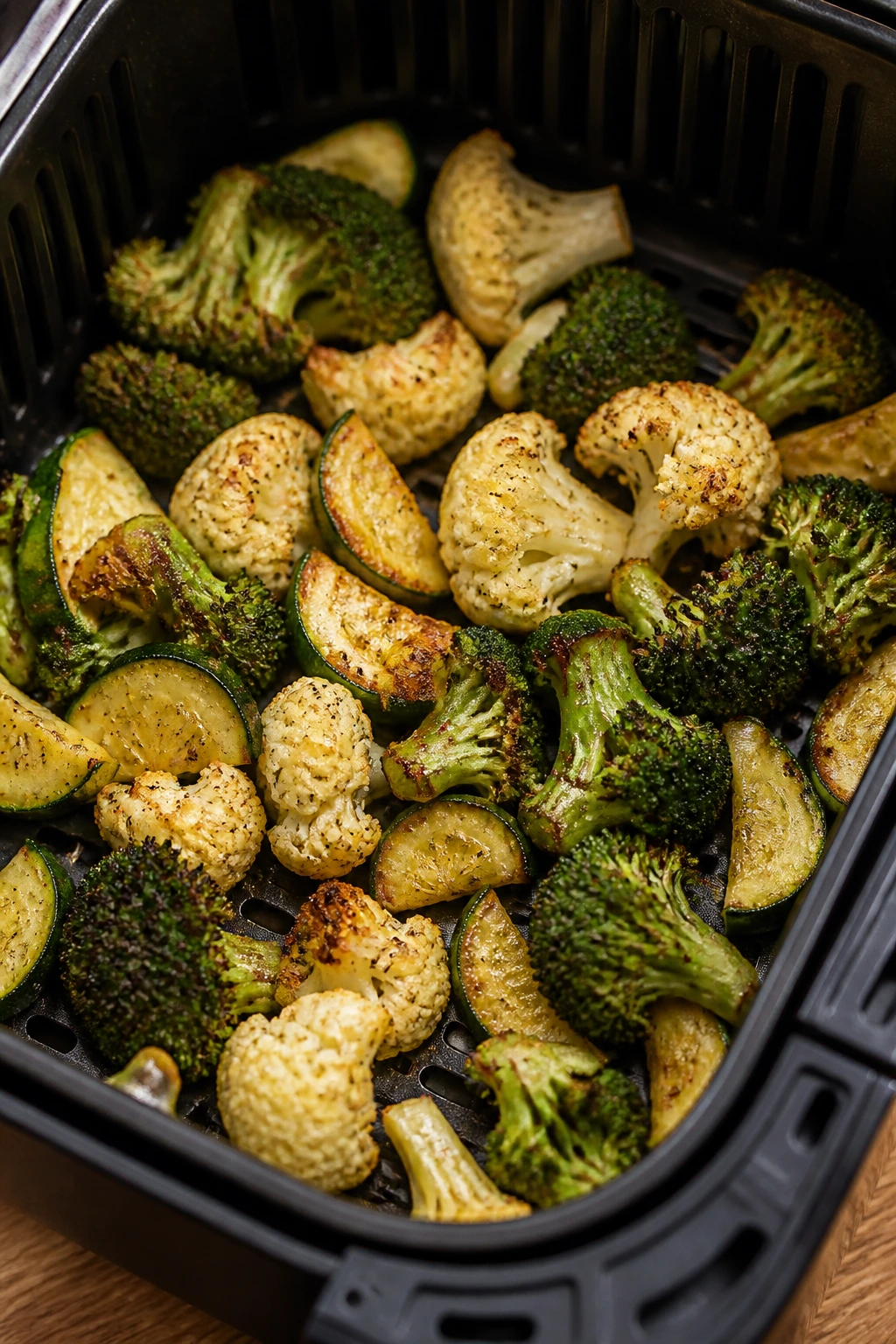 Colorful roasted vegetables laid in a single layer on an air fryer tray