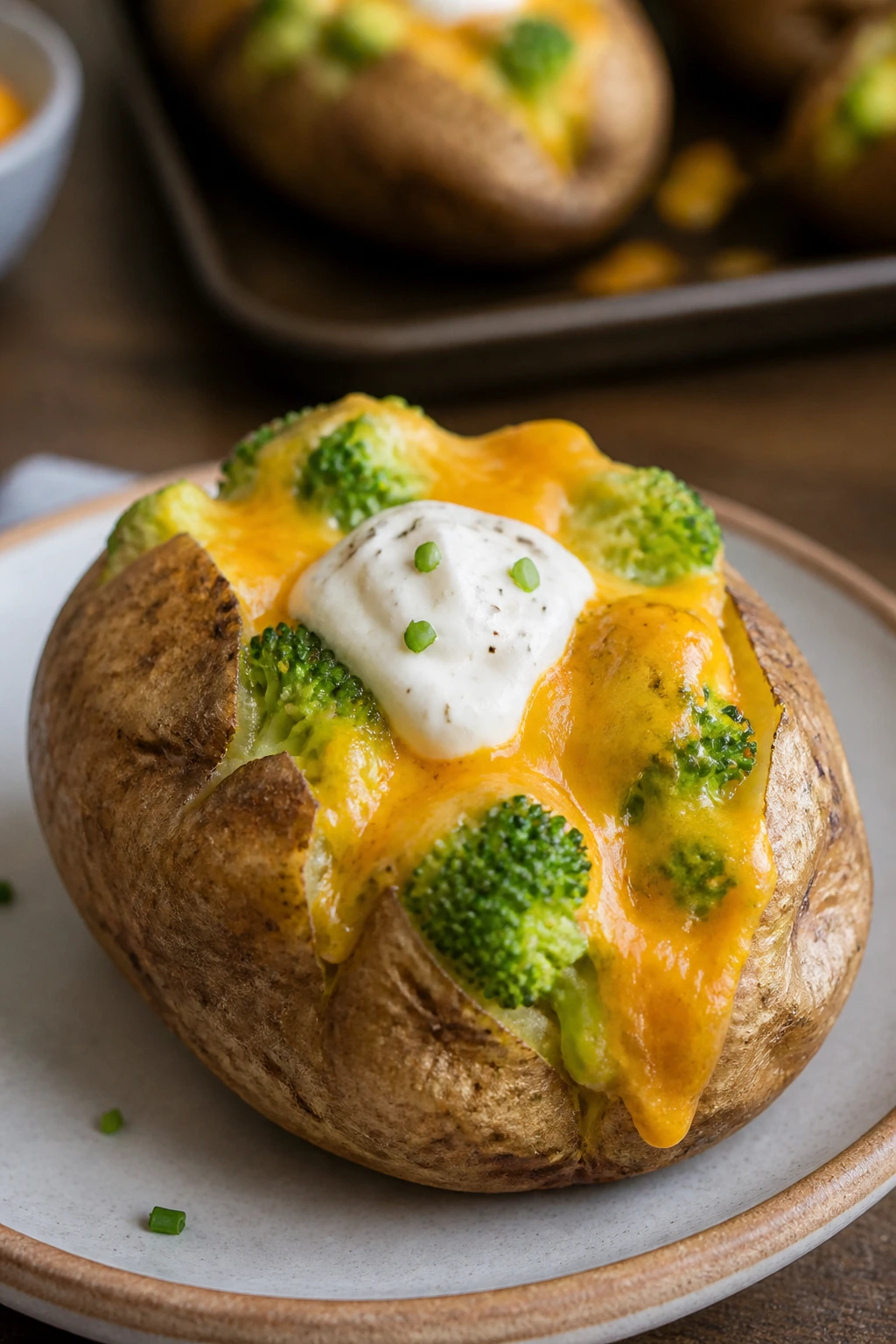 Close-up of stuffed baked potatoes with broccoli and cheddar