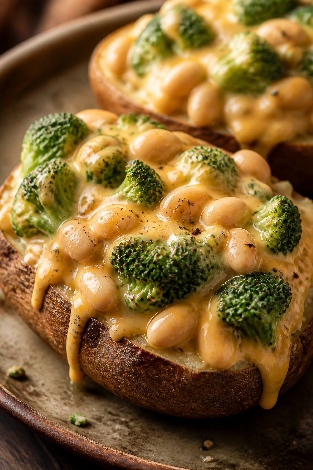 Close-up of baked potato with broccoli cheddar sauce and white beans