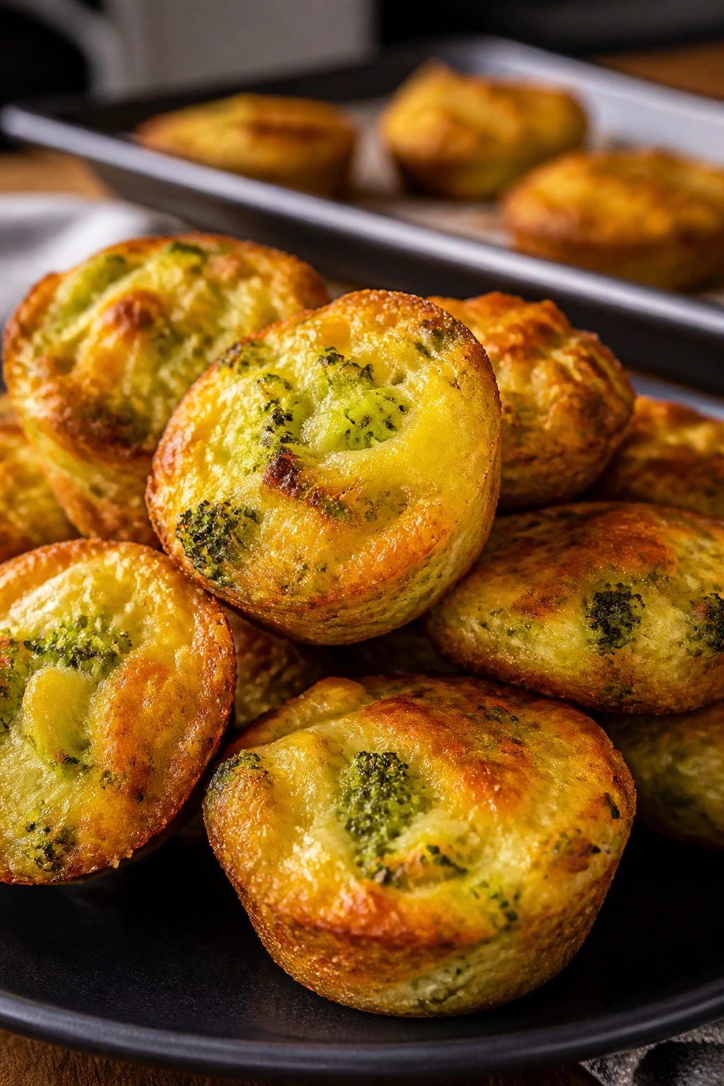 Close-up of broccoli cheddar bites on a dark plate with crispy edges