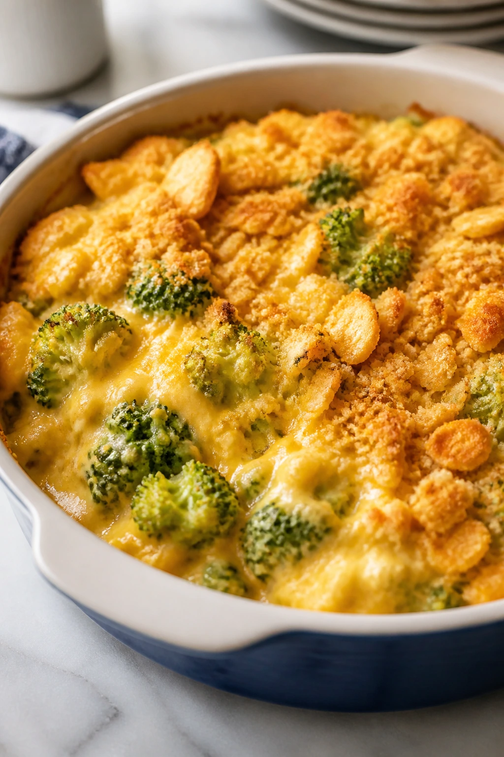 Creamy broccoli cheddar casserole with cracker topping
