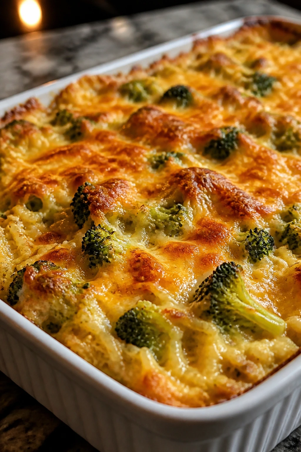 Close-up of broccoli cheddar rice casserole in a baking dish