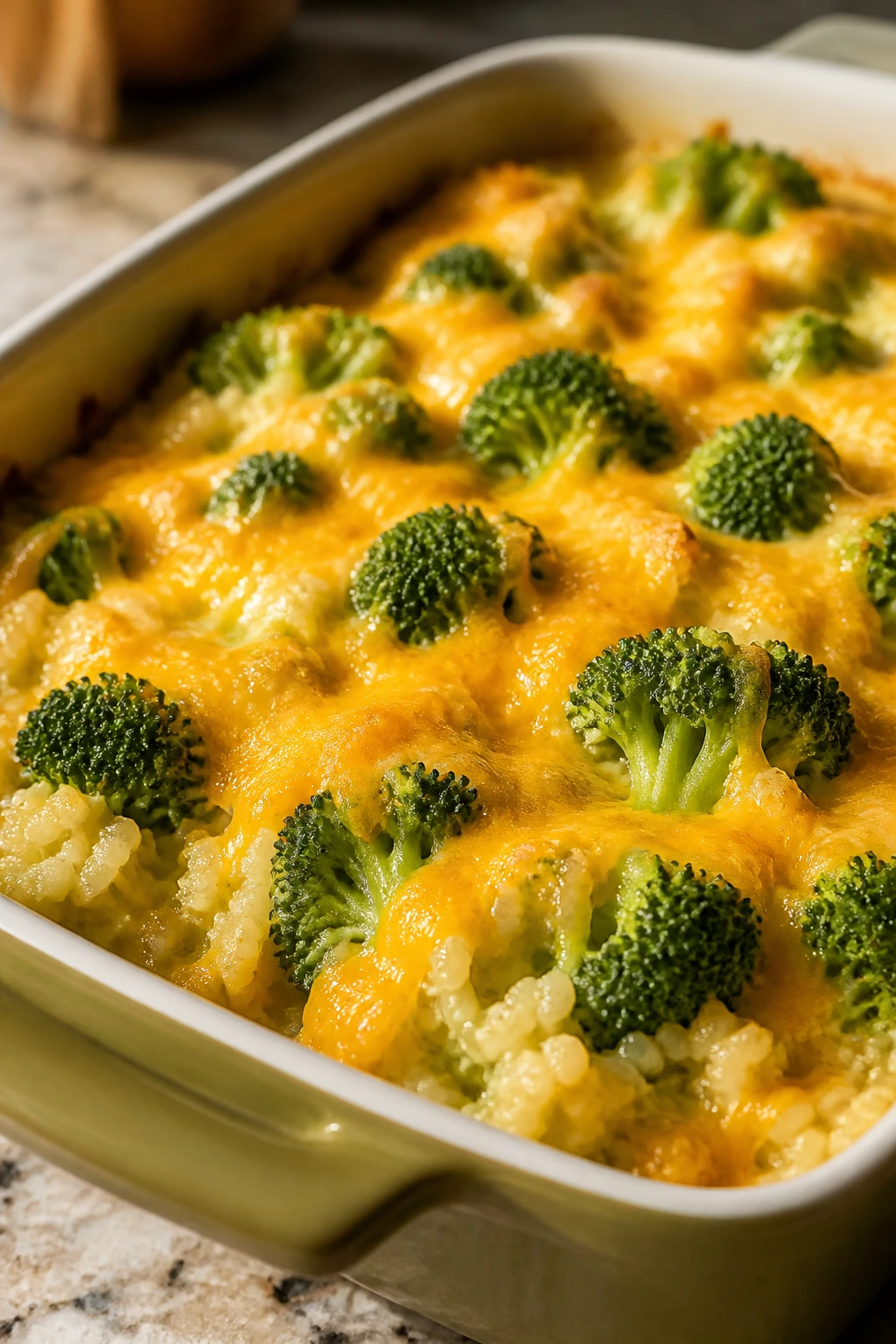 Creamy broccoli cheddar rice casserole in a baking dish