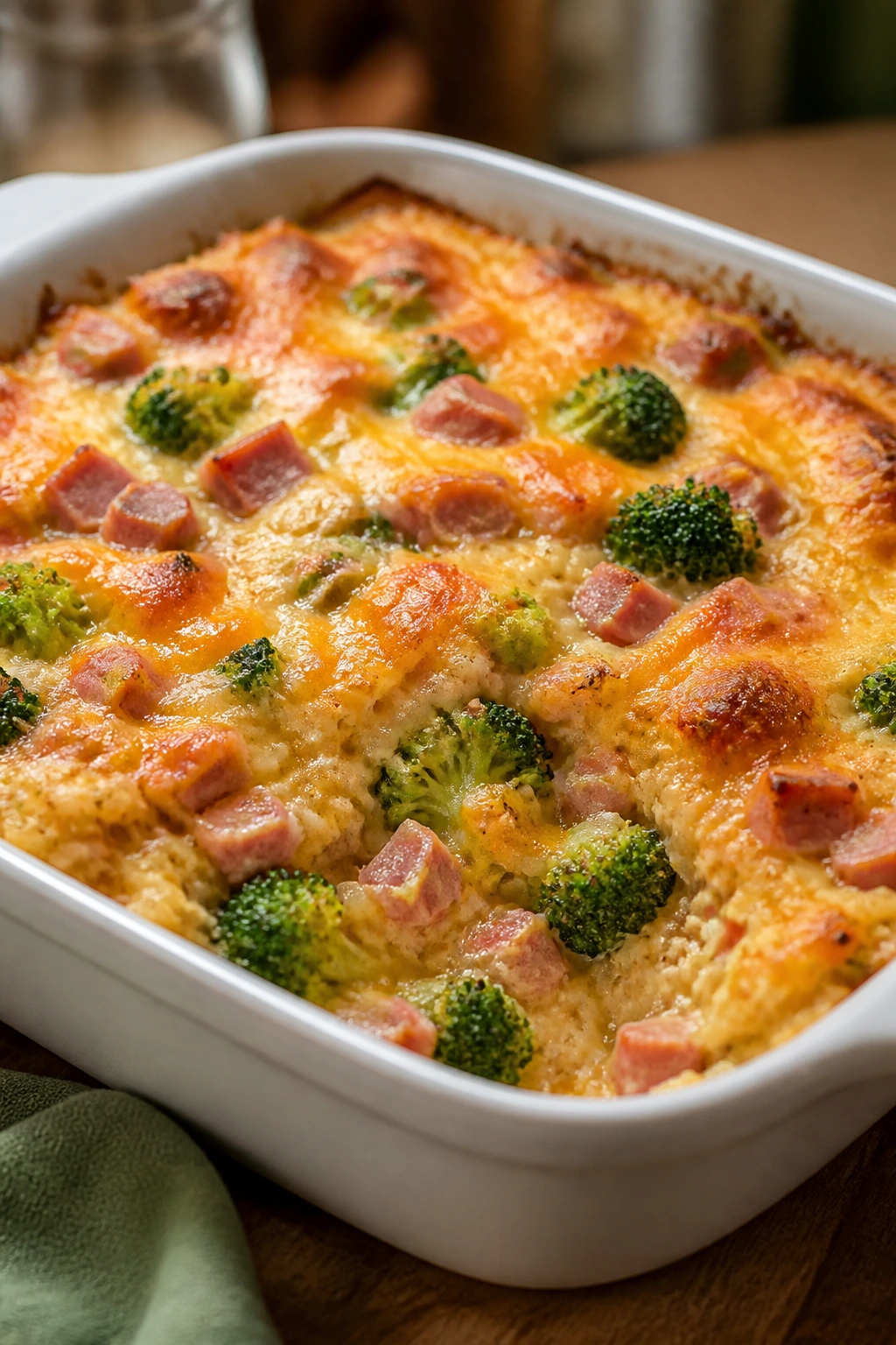 Casserole with broccoli, ham, and cheddar sauce in a baking dish.