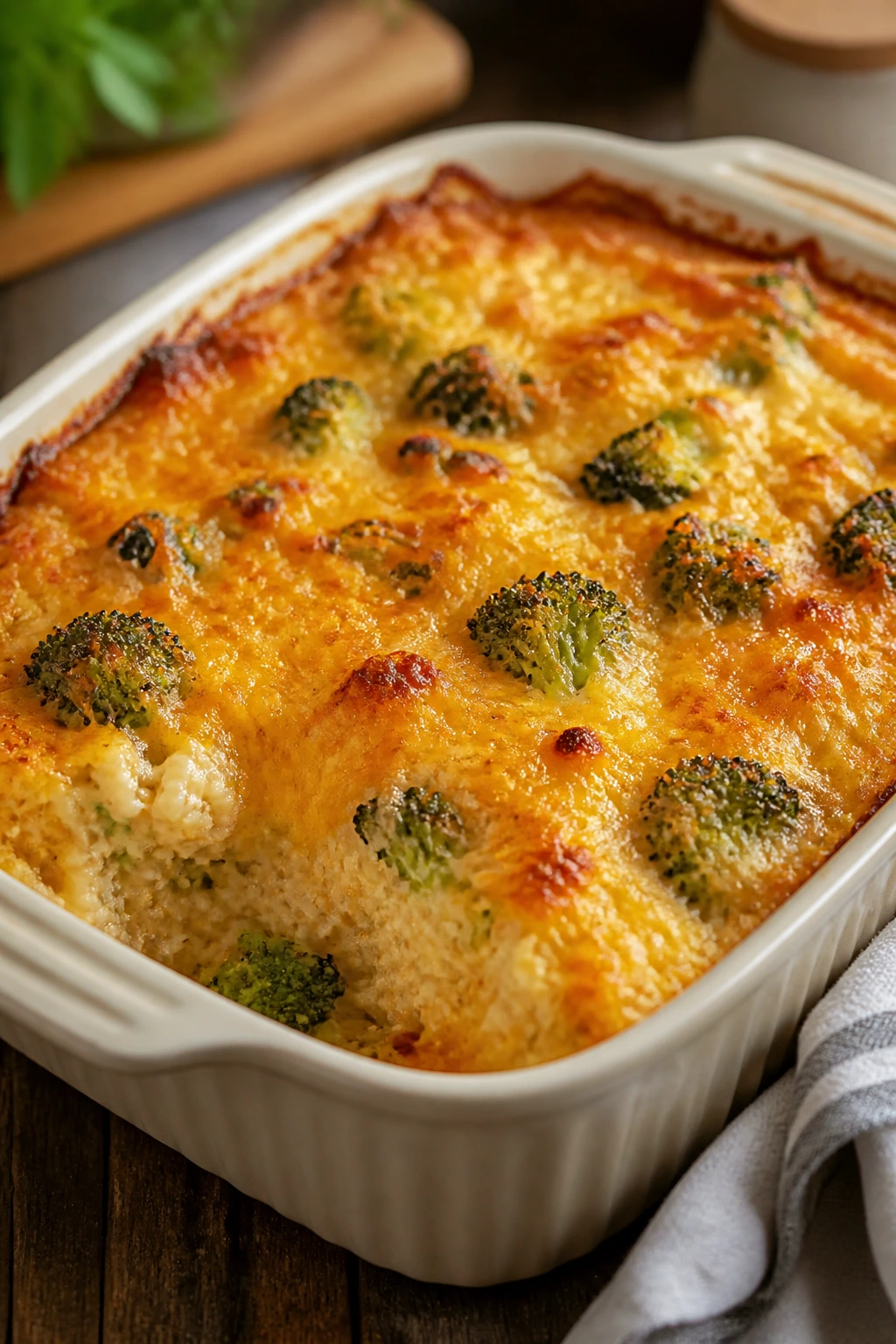 Creamy broccoli cheddar rice casserole with browned cheese topping