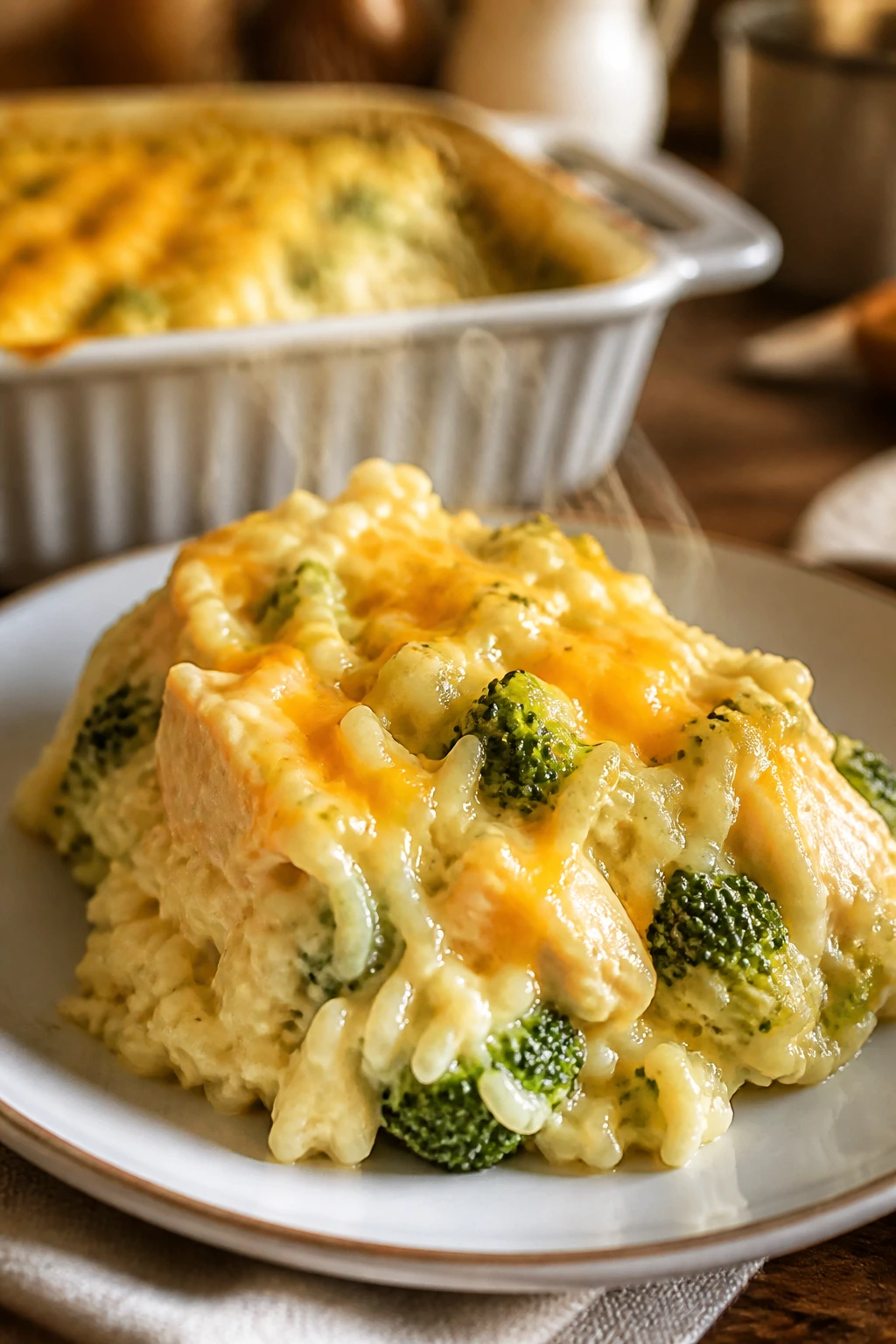 Creamy broccoli cheddar chicken rice casserole scoop on plate in a warm kitchen