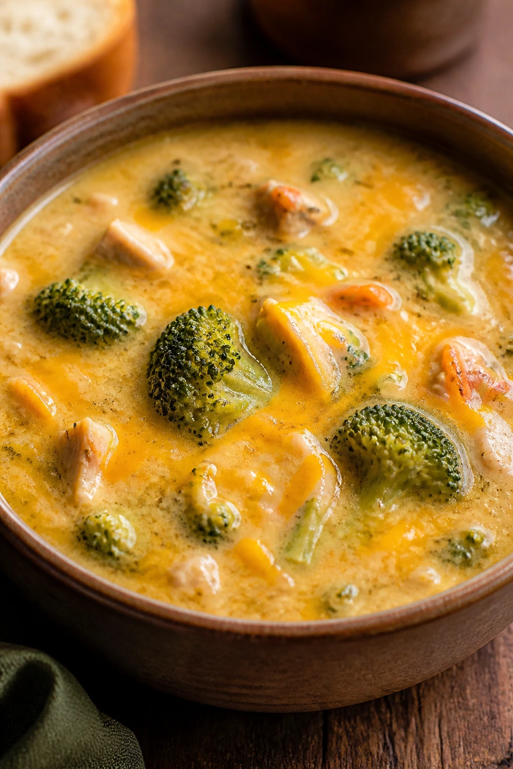 Creamy broccoli cheddar chicken soup with broccoli and cheddar in a bowl