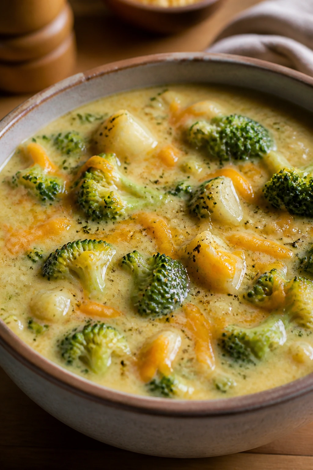 Close-up of broccoli cheddar chowder in a bowl with broccoli pieces and melted cheese.