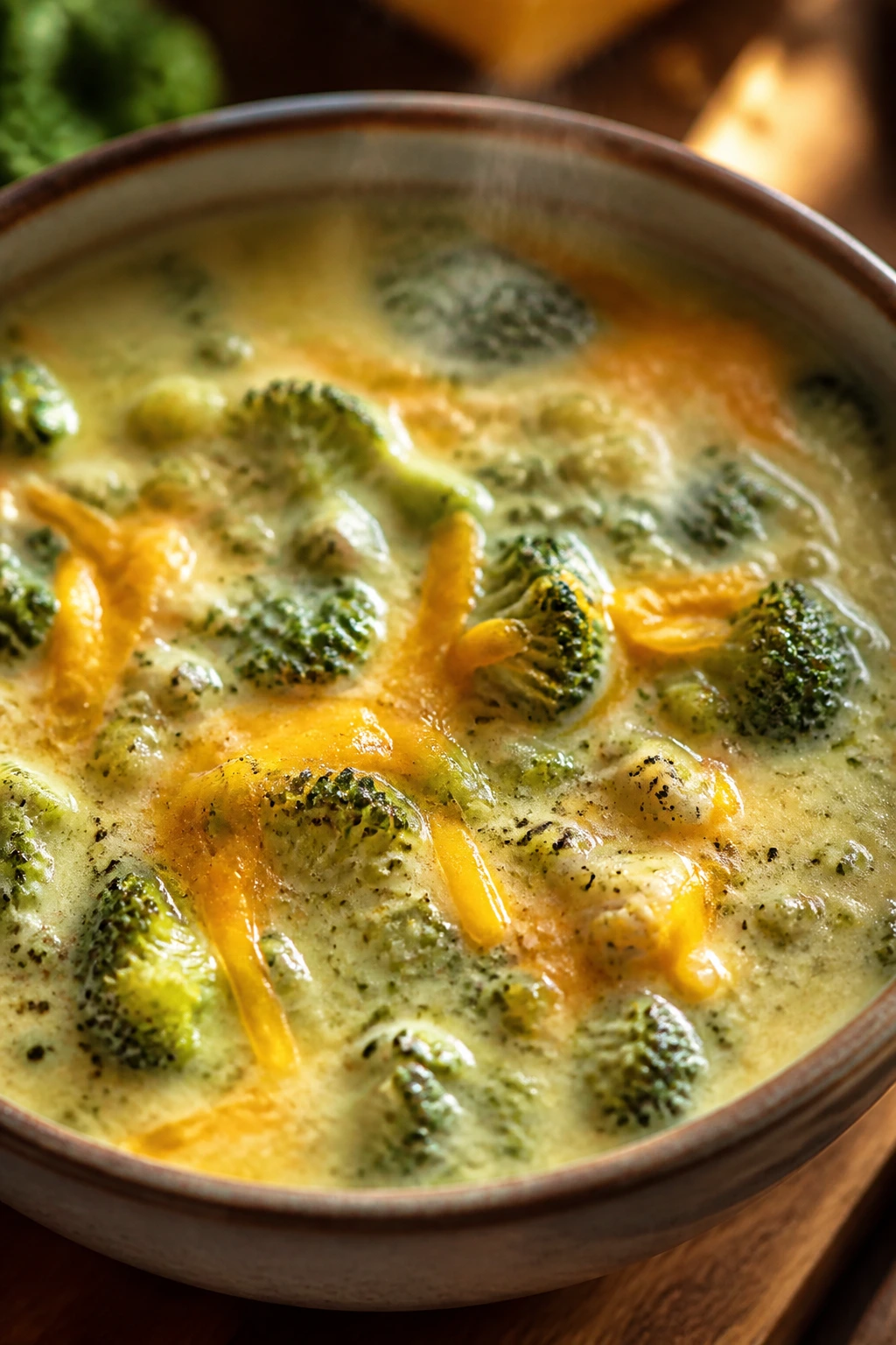 Close-up of broccoli cheddar chowder with broccoli florets and melted cheddar.