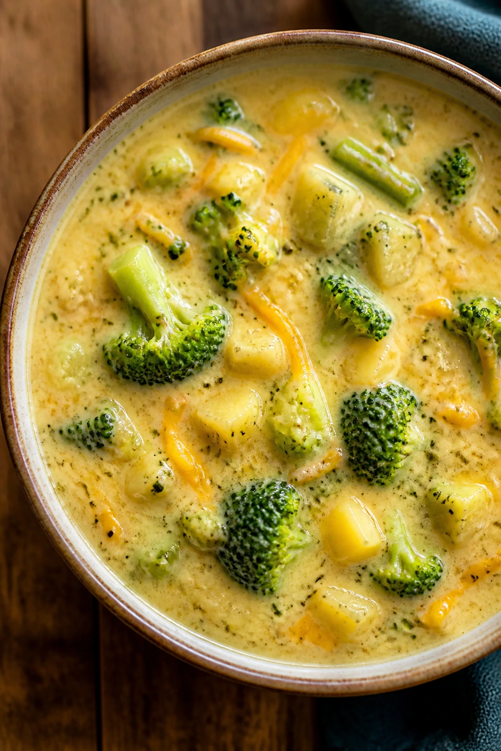 Close-up of Broccoli and Light Cheddar Chowder with broccoli and cheddar in creamy soup