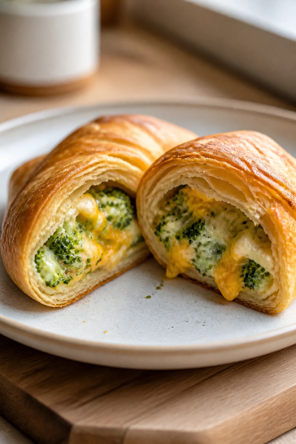 Cross-section of Broccoli Cheddar Crescent Roll showing broccoli and cheddar filling
