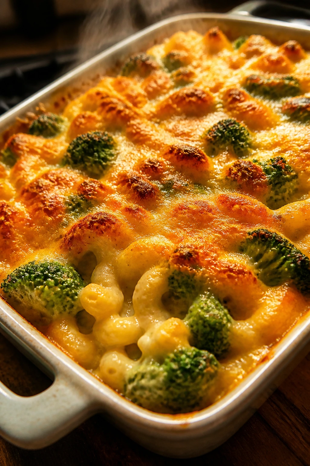 Close-up of broccoli cheddar mac bake in a casserole dish