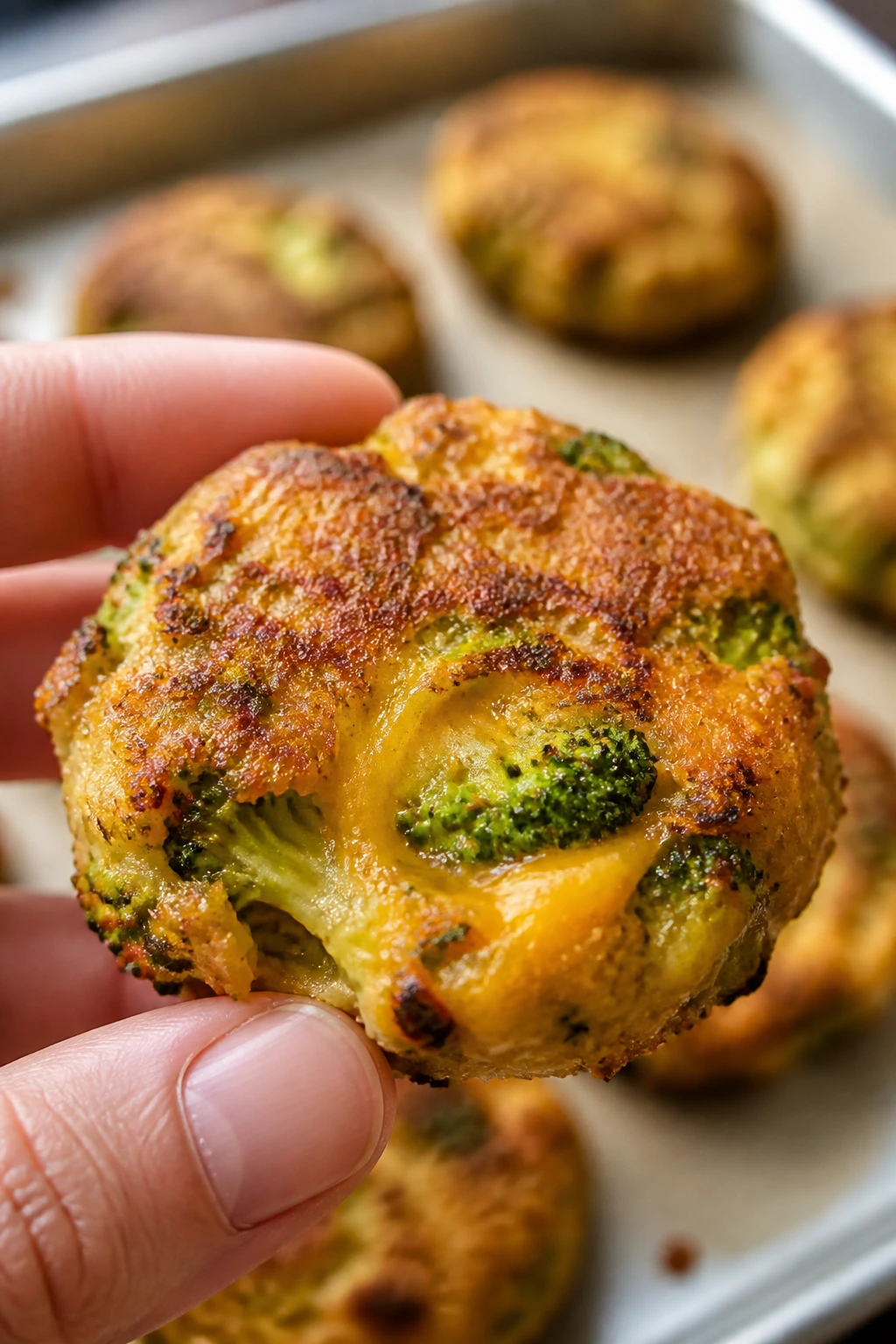 Close-up of broccoli cheddar veggie nugget with melted cheddar