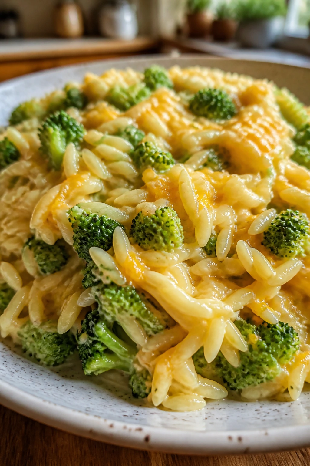 Close-up of broccoli cheddar orzo in a rustic bowl with creamy cheese sauce and broccoli.