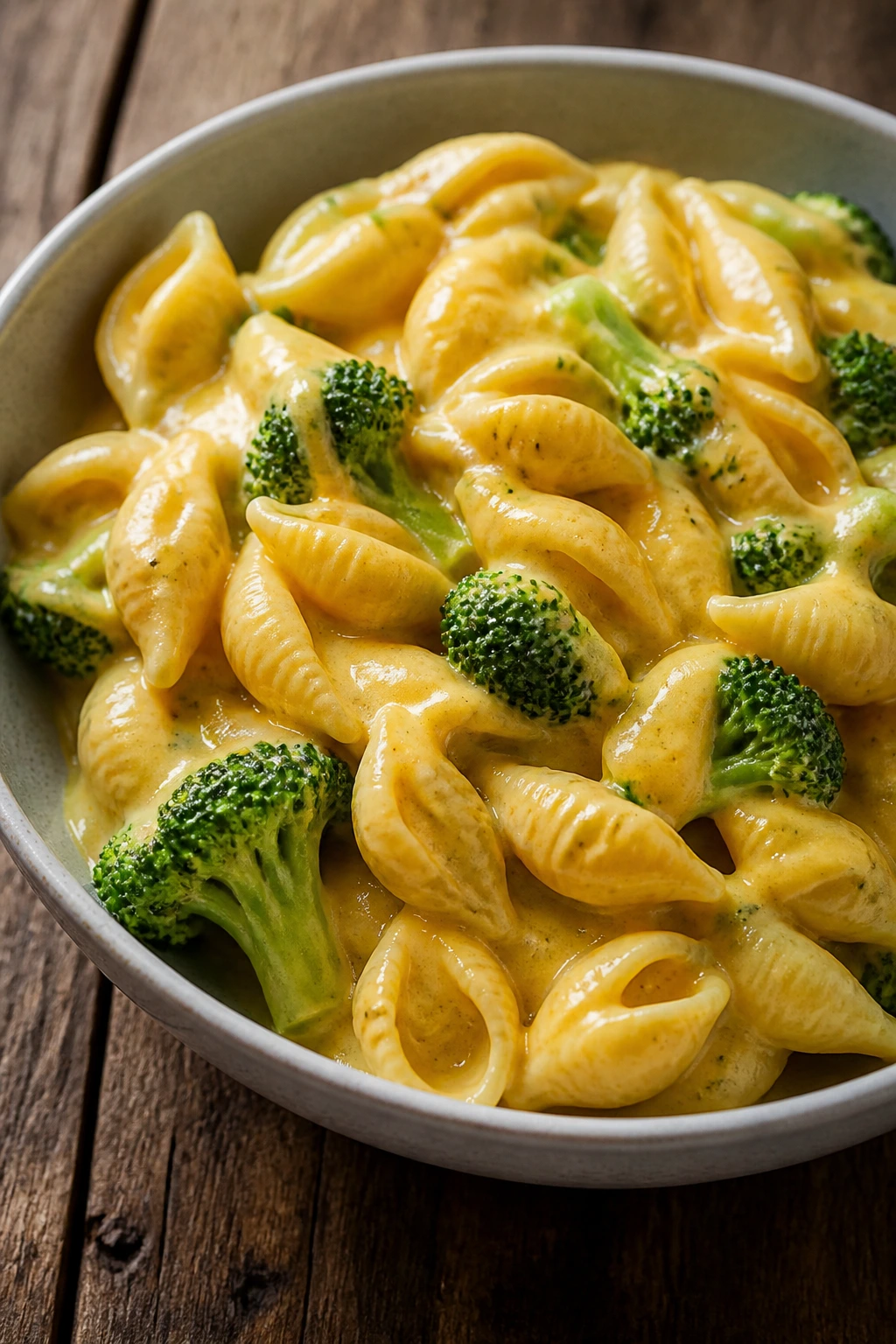Close-up of broccoli cheddar pasta in a creamy sauce with broccoli florets