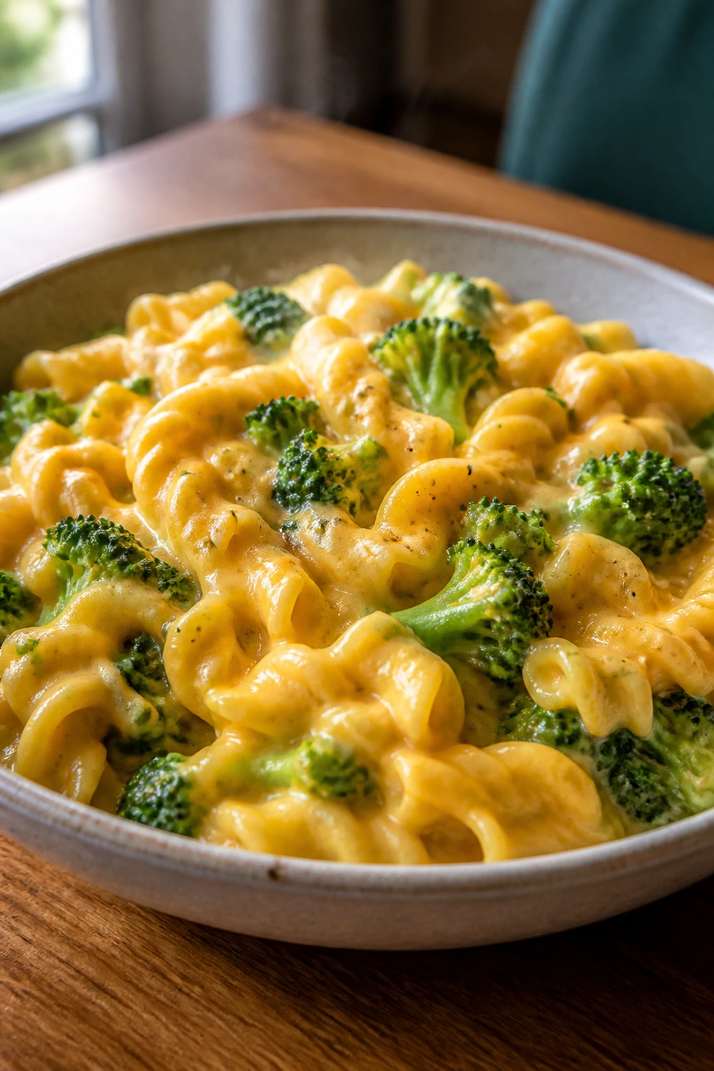 Creamy broccoli cheddar pasta with broccoli florets in a bowl