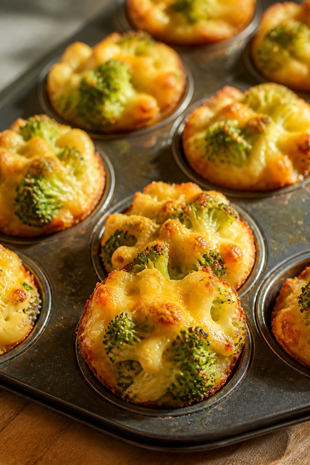Close-up of broccoli cheddar pasta bake cups in a muffin tin with melted cheese.