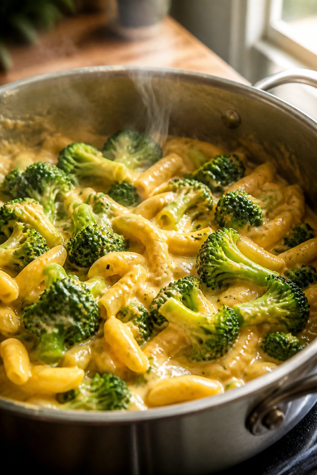 Creamy broccoli cheddar pasta in a pot, steaming
