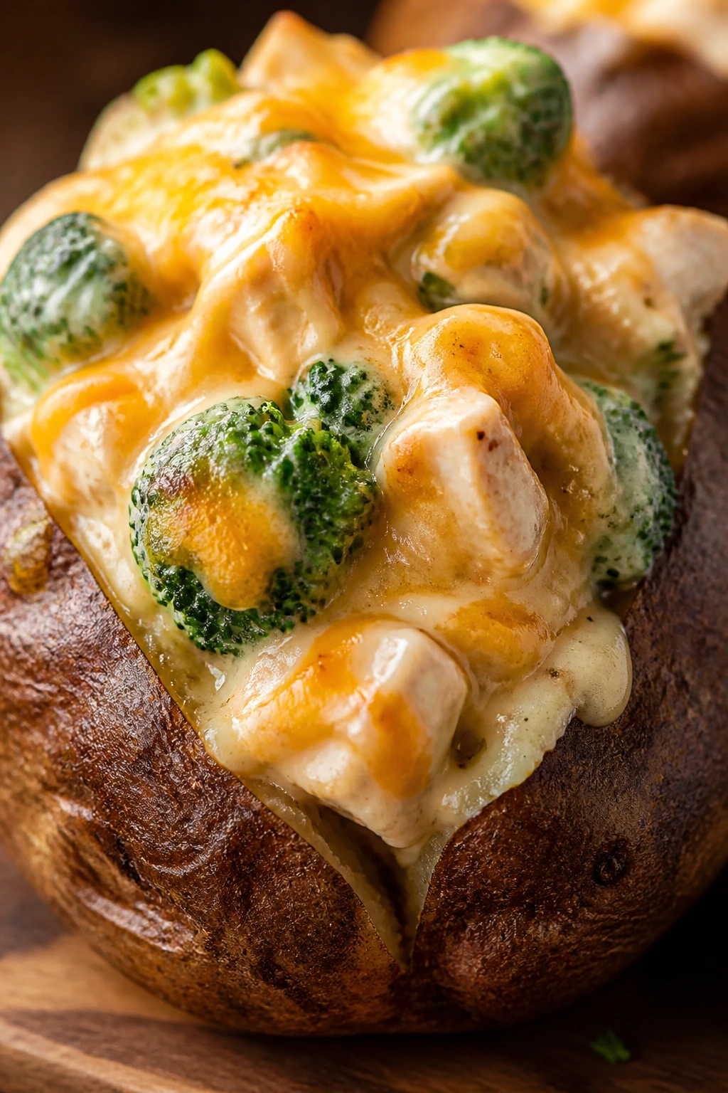 Creamy broccoli cheddar chicken on a baked potato