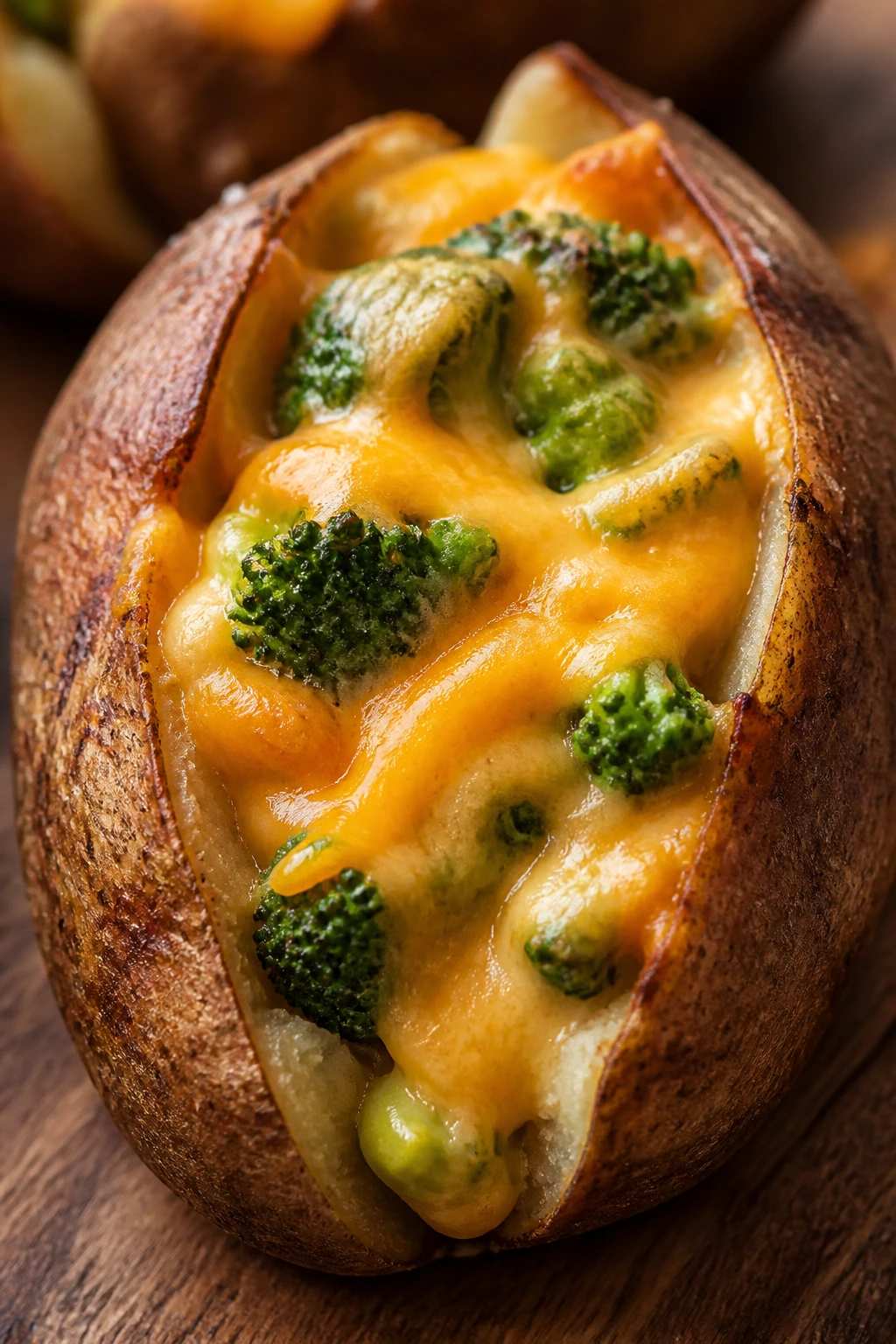 Close-up of a stuffed baked potato with broccoli and cheddar on a rustic surface