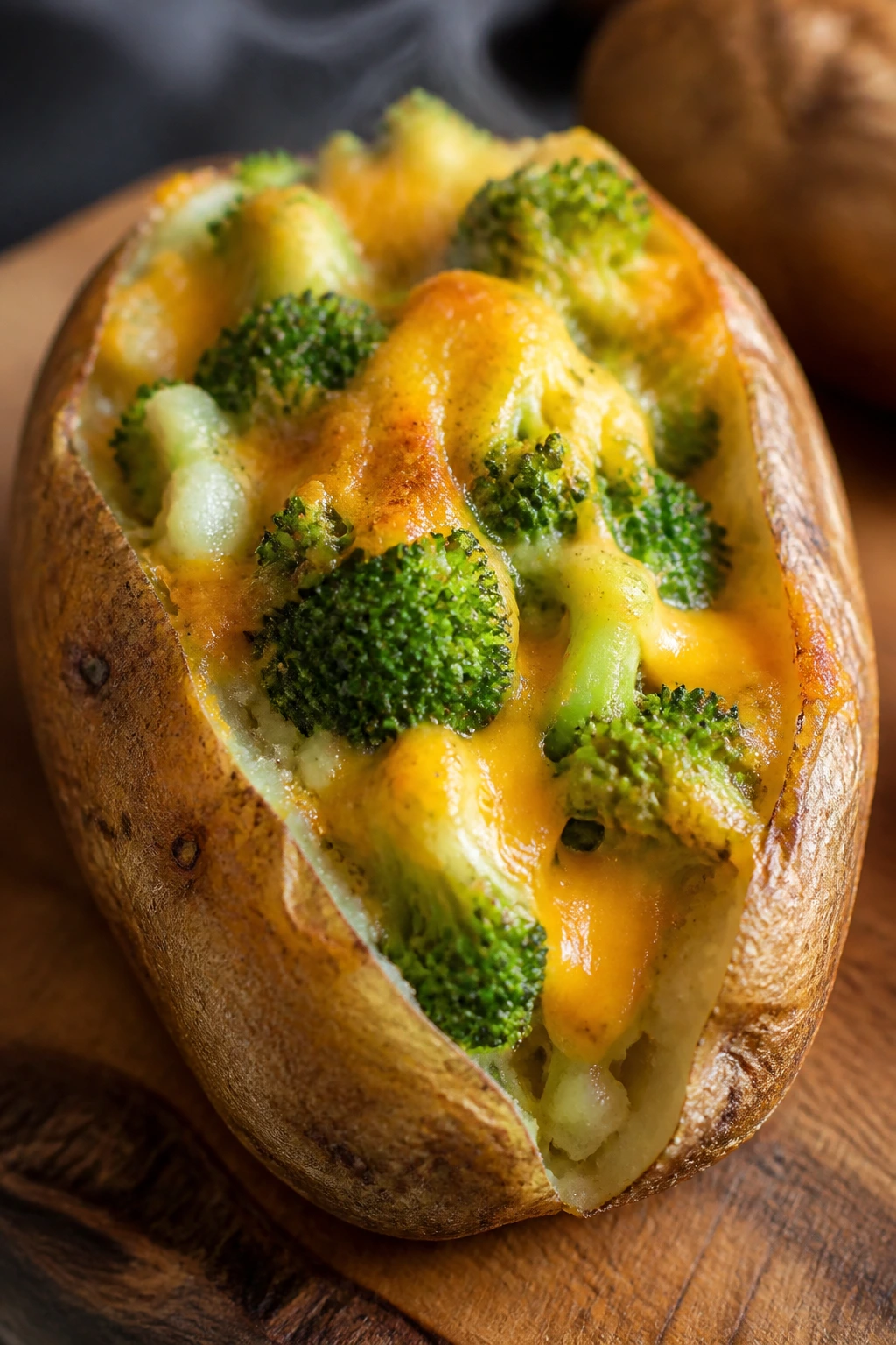 Split baked potato with broccoli and cheddar