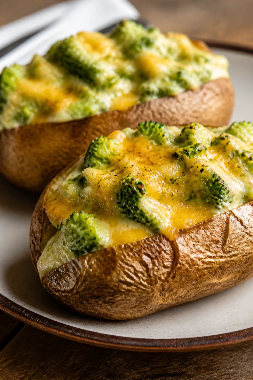 Halved baked potato with broccoli cheddar sauce on plate