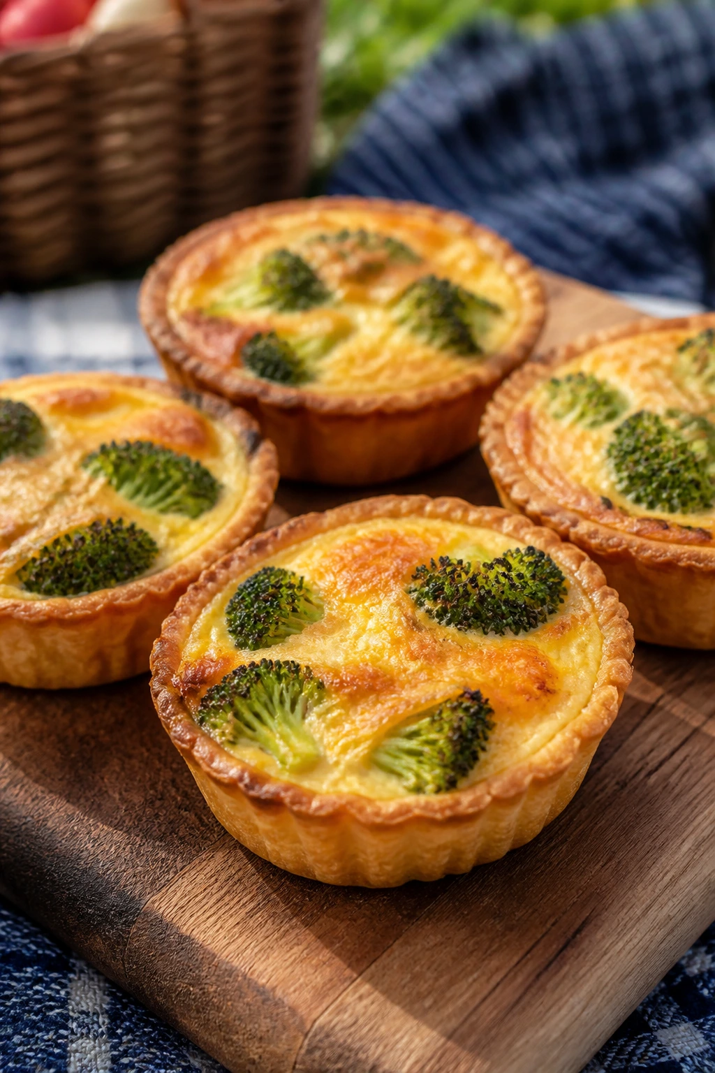 Close-up of broccoli cheddar quiche bites in mini tart shells