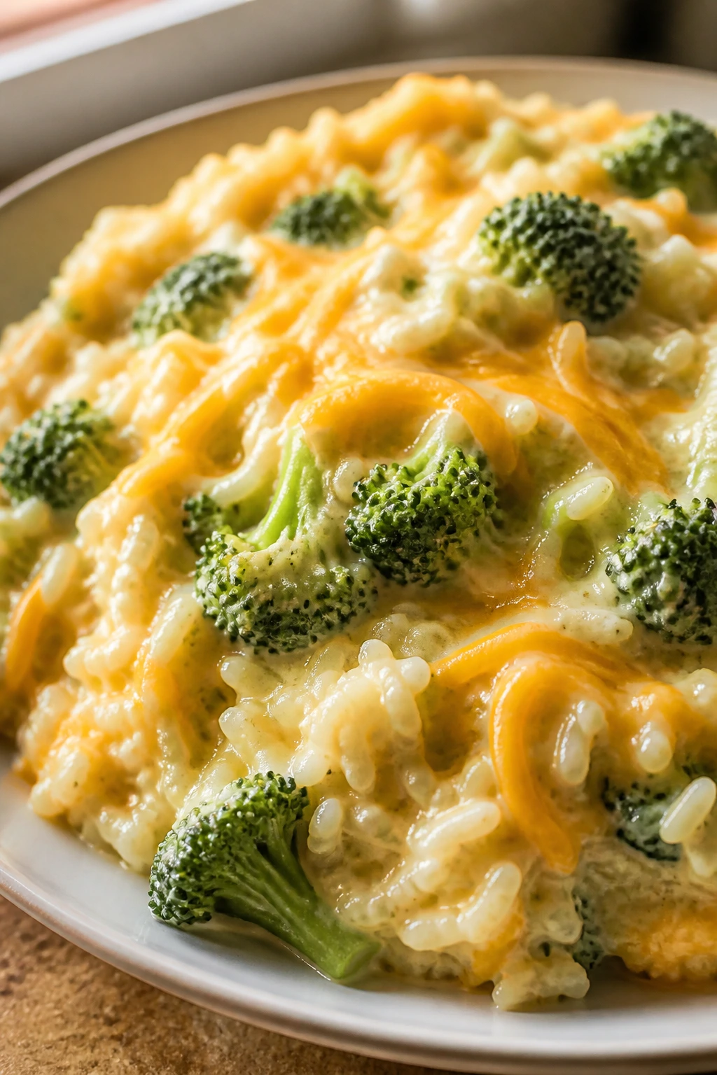 Creamy broccoli cheddar rice on a plate