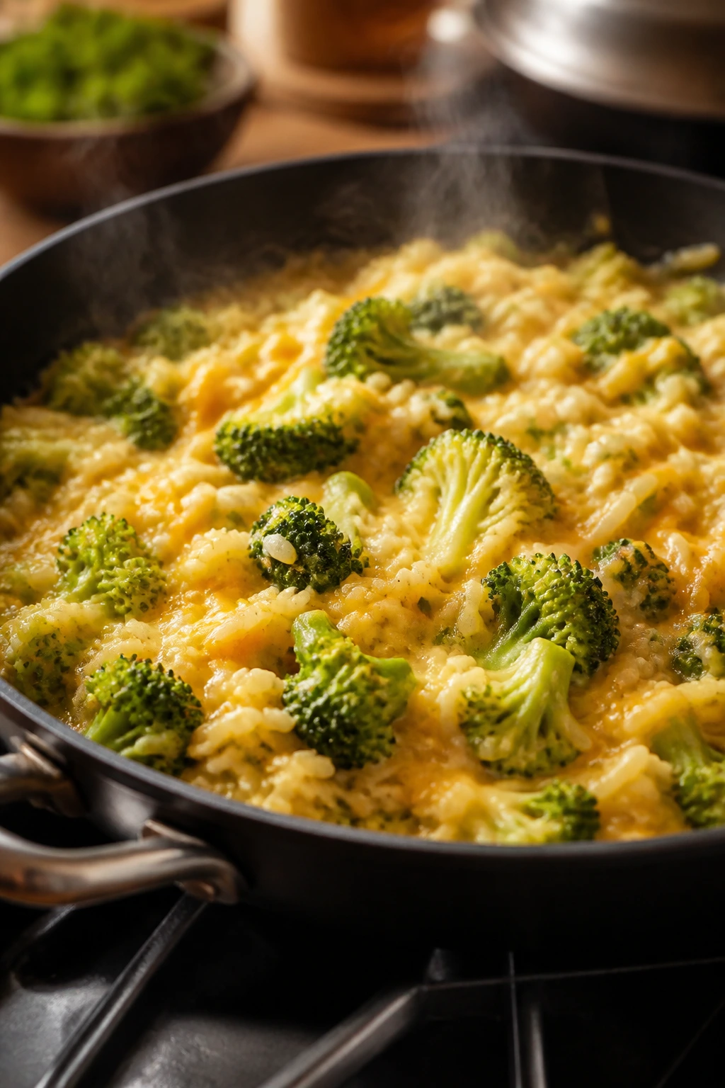 Close-up of broccoli and cheddar rice in a skillet