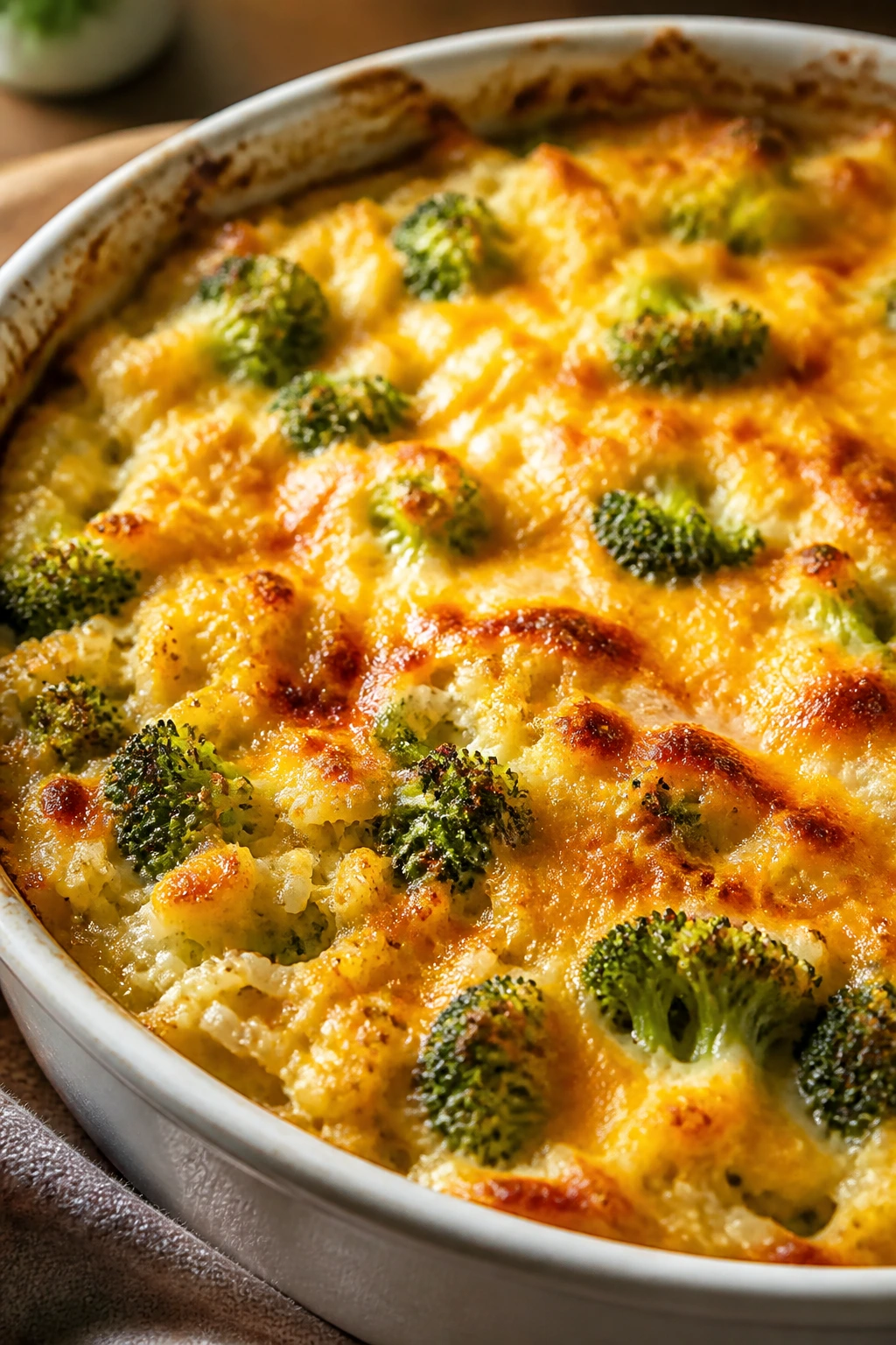 Close-up of broccoli cheddar baked rice casserole in a ceramic dish on a warm kitchen counter